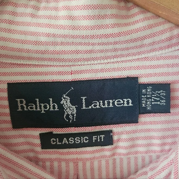 Ralph Lauren Mens Thick Pink Pinstripe Classic Fit Pony Logo Shirt 17.5 36/37 - Picture 3 of 7